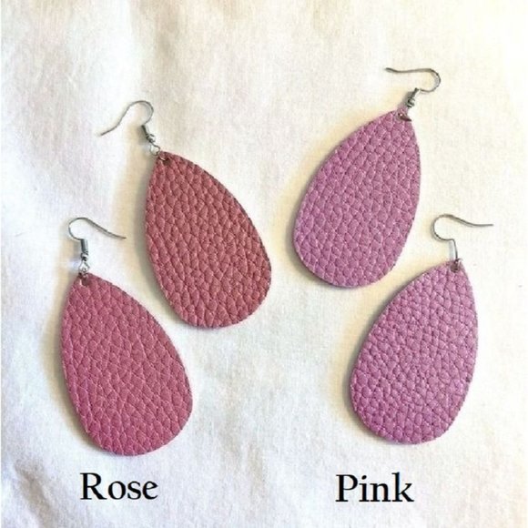 Teardrop Faux Leather Earrings Drop 3" in Rose or Pink Lightweight Textured New - Picture 8 of 11